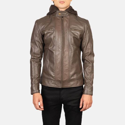 A ruggedly handsome man donning a biker jacket men's brown leather , epitomizing timeless fashion with a touch of ruggedness.